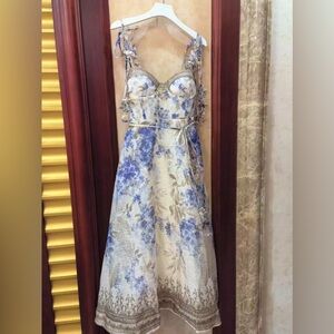 Designer-Style Floral Picnic Blue and Cream Midi Dress with Tie Straps